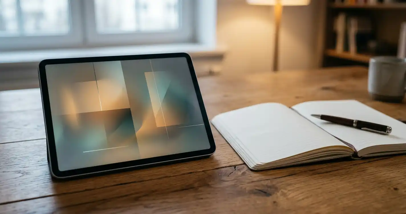 Tablet with softly glowing geometric shapes beside an open notebook on a desk