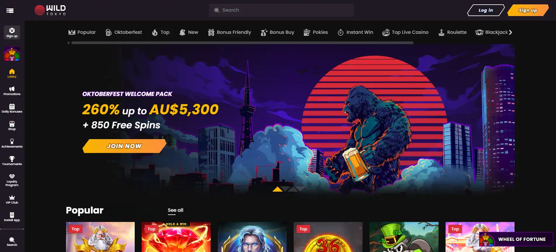 Wild Tokyo public homepage with its main navigation and casino interface visible