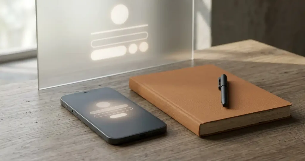 An unmarked smartphone beside a closed notebook and abstract geometric login shapes