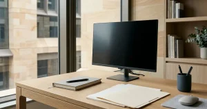 Unmarked documents beside a generic monitor on a modern desk