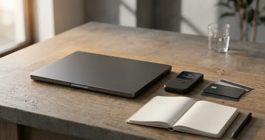 Neutral bank card shapes and an unmarked desktop wallet beside a notebook