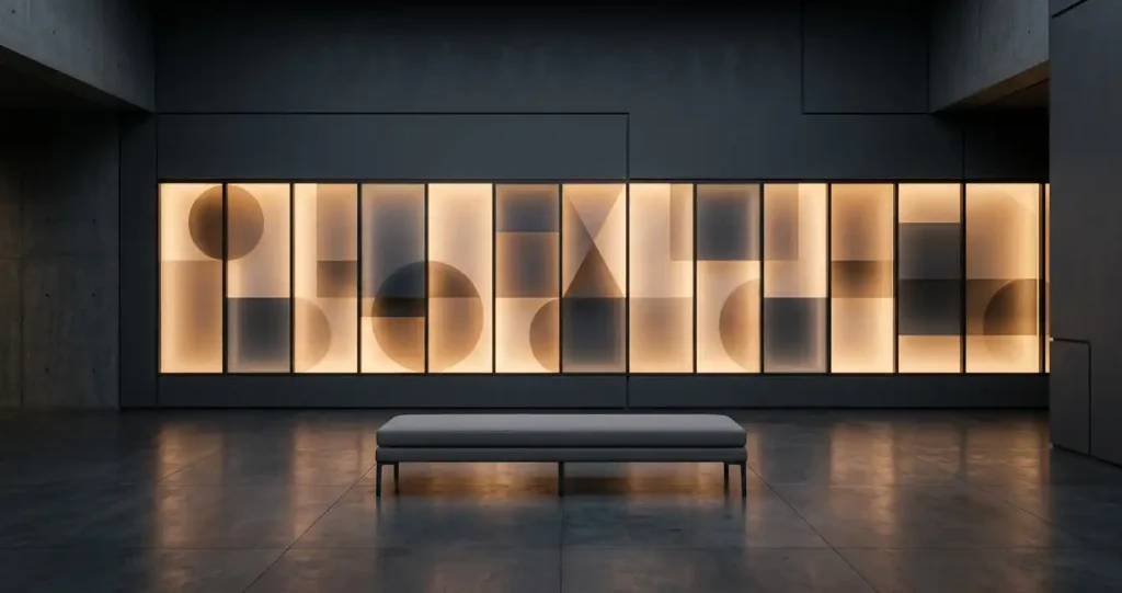 Softly lit geometric display panels on a neutral interior wall