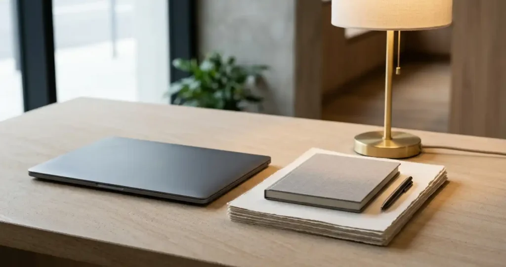 A closed unbranded laptop beside a neat stack of blank papers and a plain notebook