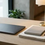 A closed unbranded laptop beside a neat stack of blank papers and a plain notebook